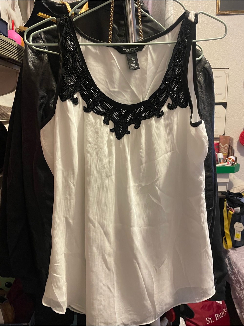 White House Black Market White Camisole with Black Lace Neckline